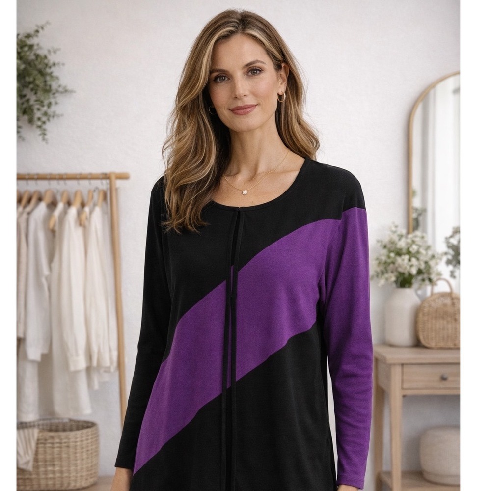 Misook Woman‎ 2X Black Purple Colorblock Knit Cardigan Hook Eye Closure Jacket